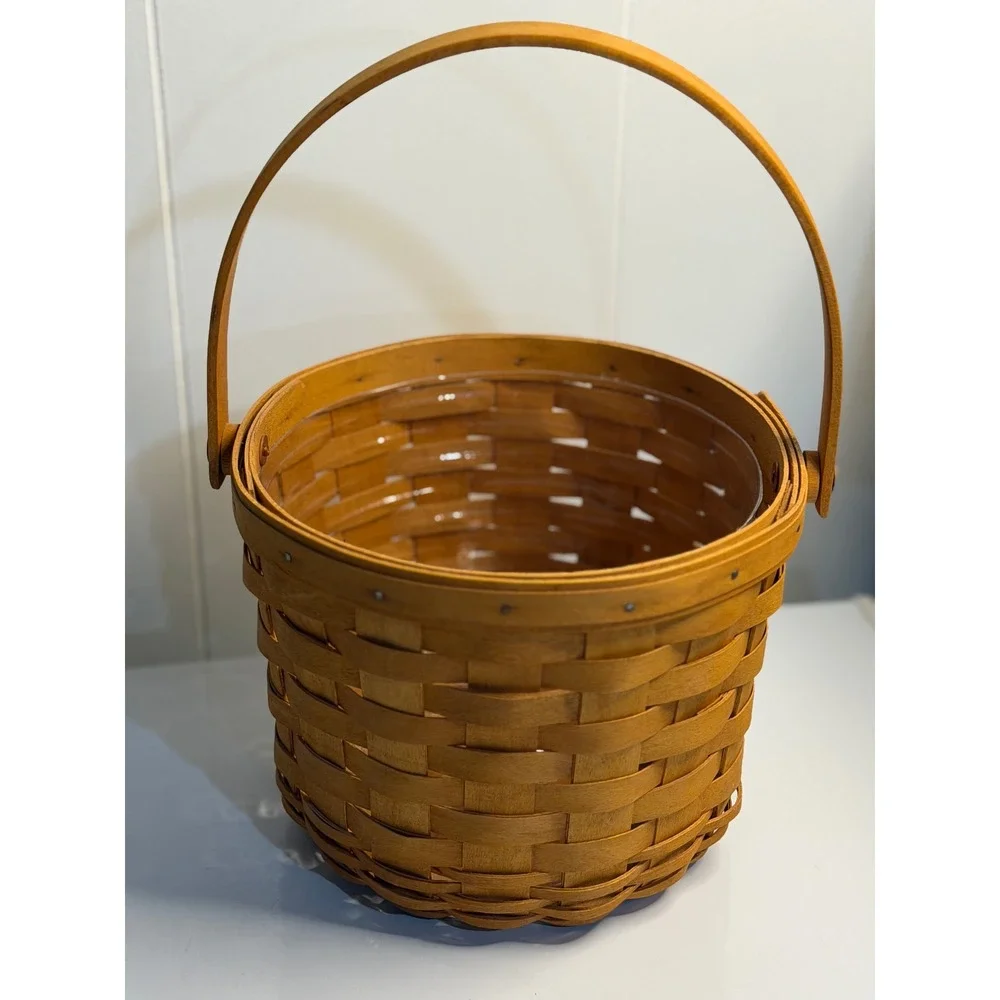 VTG Longaberger Basket Brown Round Woven Wood Handle Plastic Liner 1999 Decor